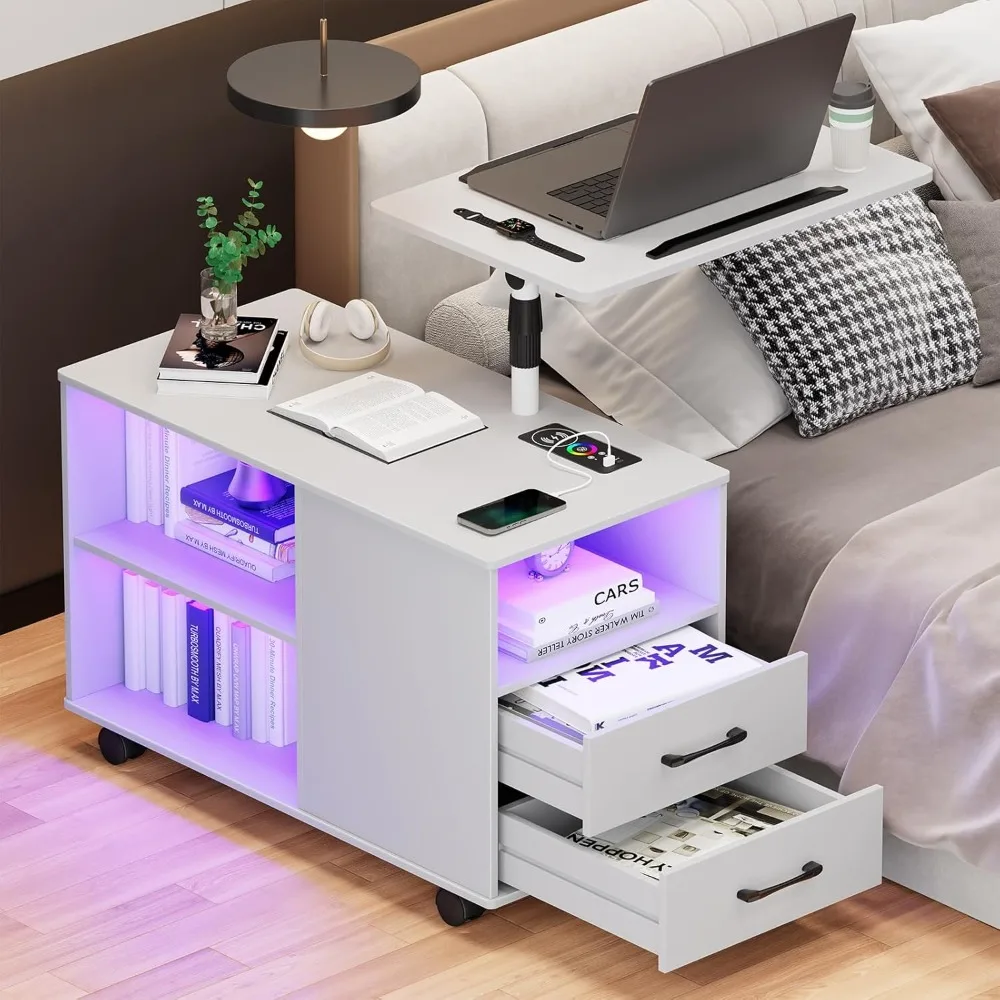 Adjustable LED Nightstand with Wireless Charging, Laptop Tray, and Auto Sensor Light