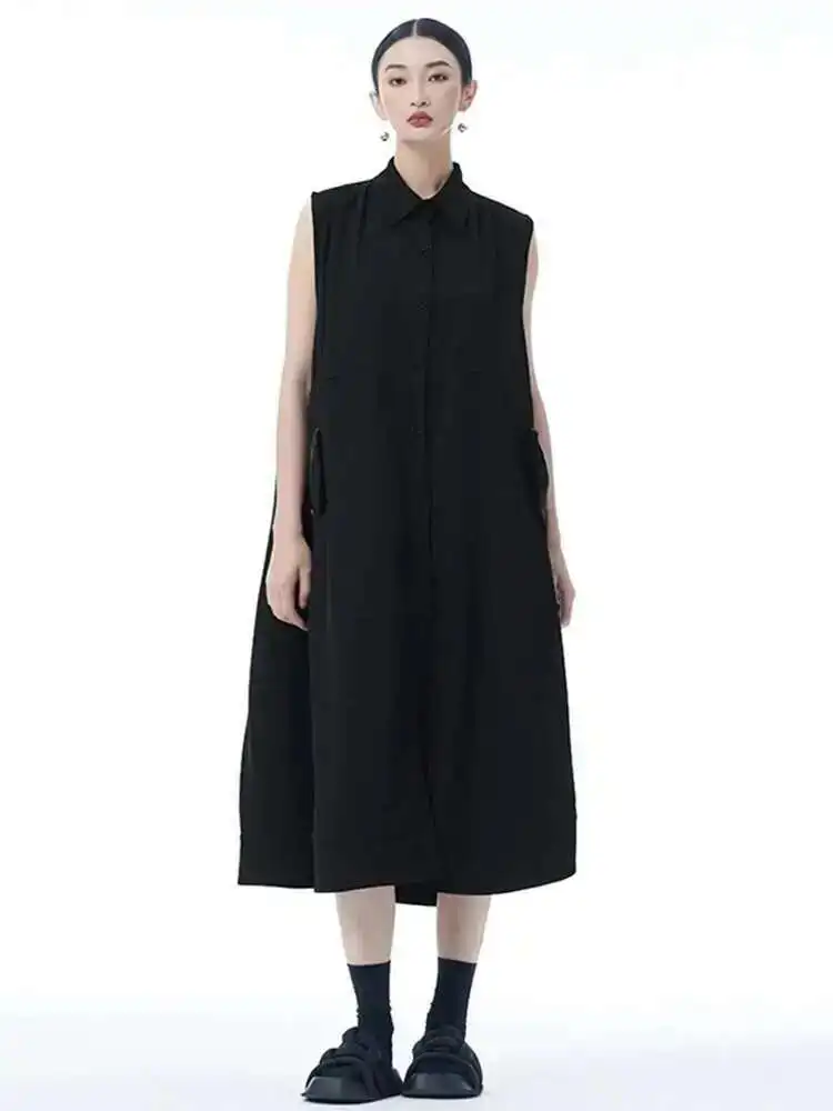 

Women Dark Gray Zipper Pocket Big Size Midi Shirt Dress New Lapel Sleeveless Fashion Tide Spring Summer