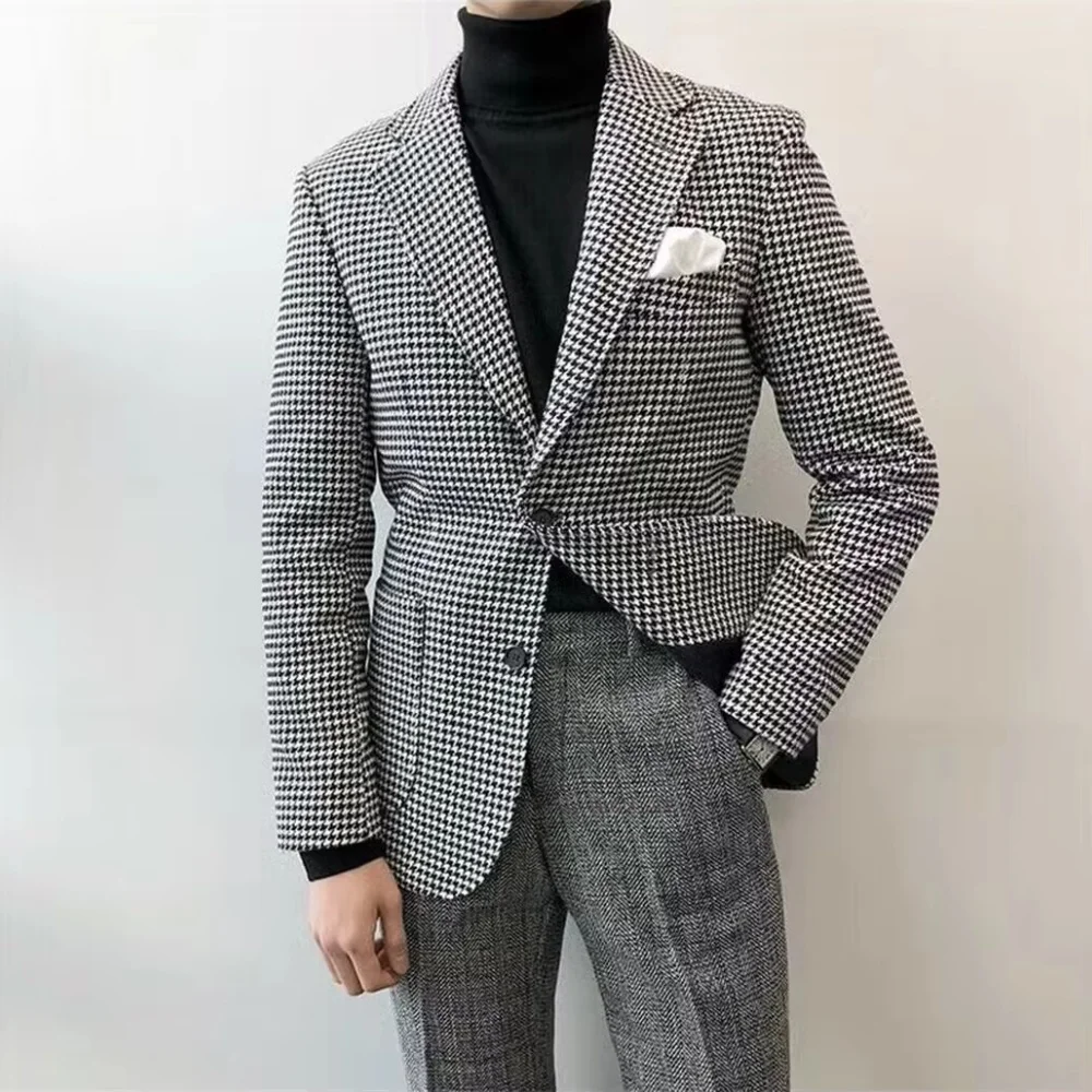

Slim Fit Houndstooth Blazer for Men Casual Moda Business Style Notch Lapel Terno Jaqueta 1PC Checkered Suit Coat