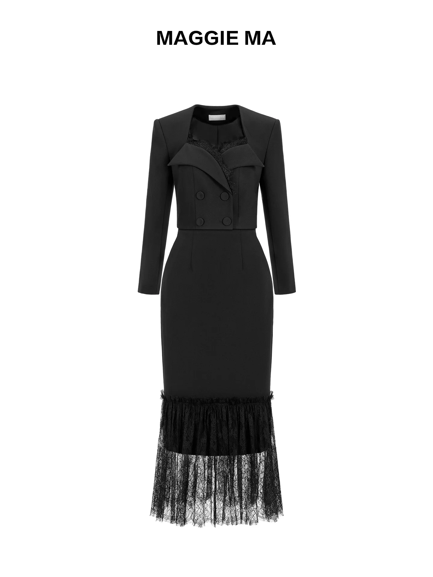 

Maggie Ma Spring Lace Splice Bodycon Skirt Suit Square Collar Jacket Long Sleeve Fashionable Women's Two-Piece Set Winter Col...