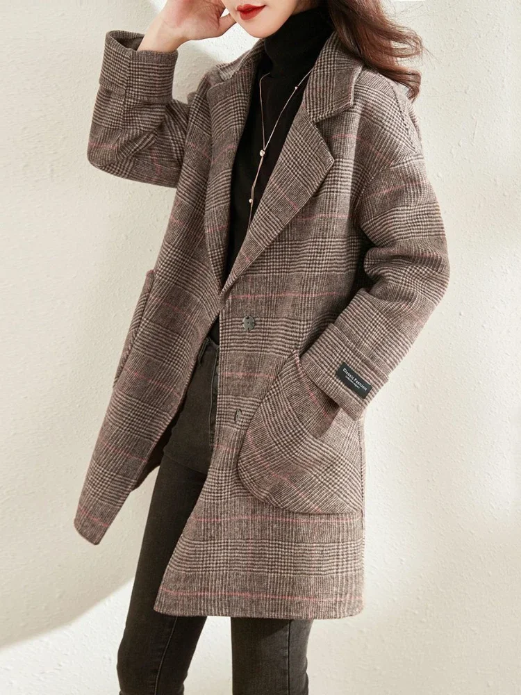 

Новое зимнее женское пальто, утепленные теплые пуговицы, клетчатые дизайнерские пальто, шерстяные пальто с отложным воротником и карманами, JJ552