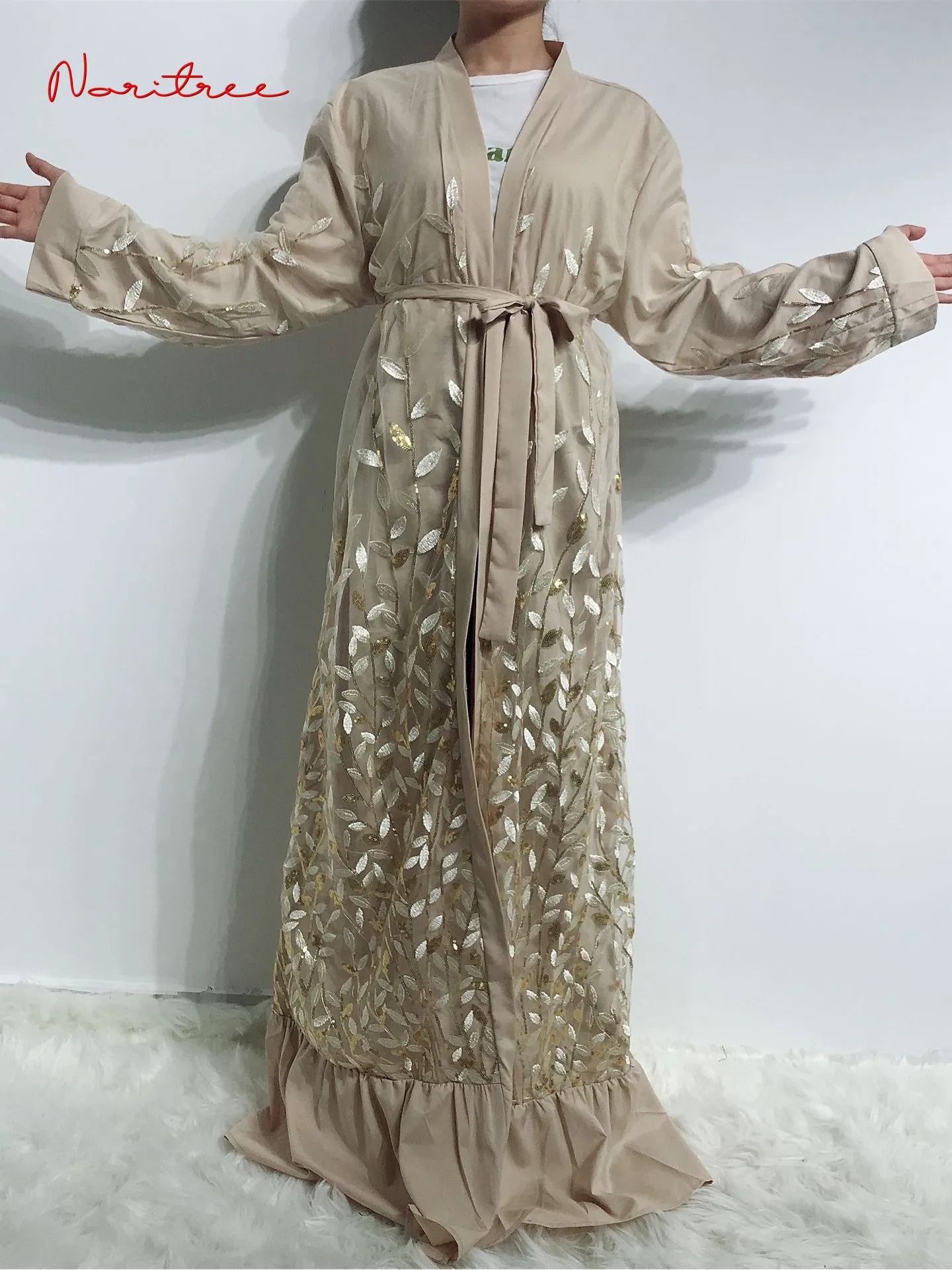 Wholesale Dubai fashion muslim Floral sequined beading abaya female full length cardigan open رداء abayas islamic robe wq2128
