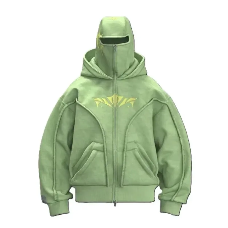 Y2K Zip Up Hoodie Embroidered Harajuku Ninja Oversized Washed Double Hat Sweatshirt American Style Streetwear Goth Men Women Top