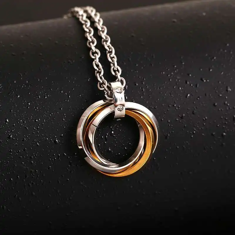 Titanium Steel Three Circle Ring Mens Pendant Inlaid Ring Buckle Personality Pendant Necklace Featured Daily Accessories Gift