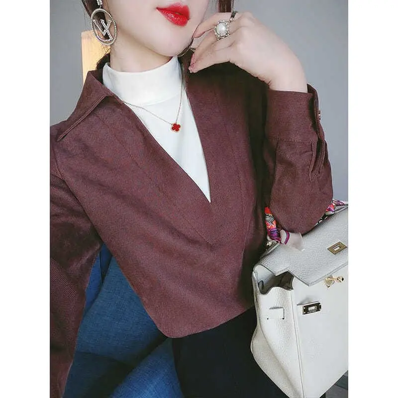 

Fashion V-Neck Spliced Fake Two Piece Blouse Women's Clothing 2023 Autumn New Casual Pullovers All-match Office Lady Shirt