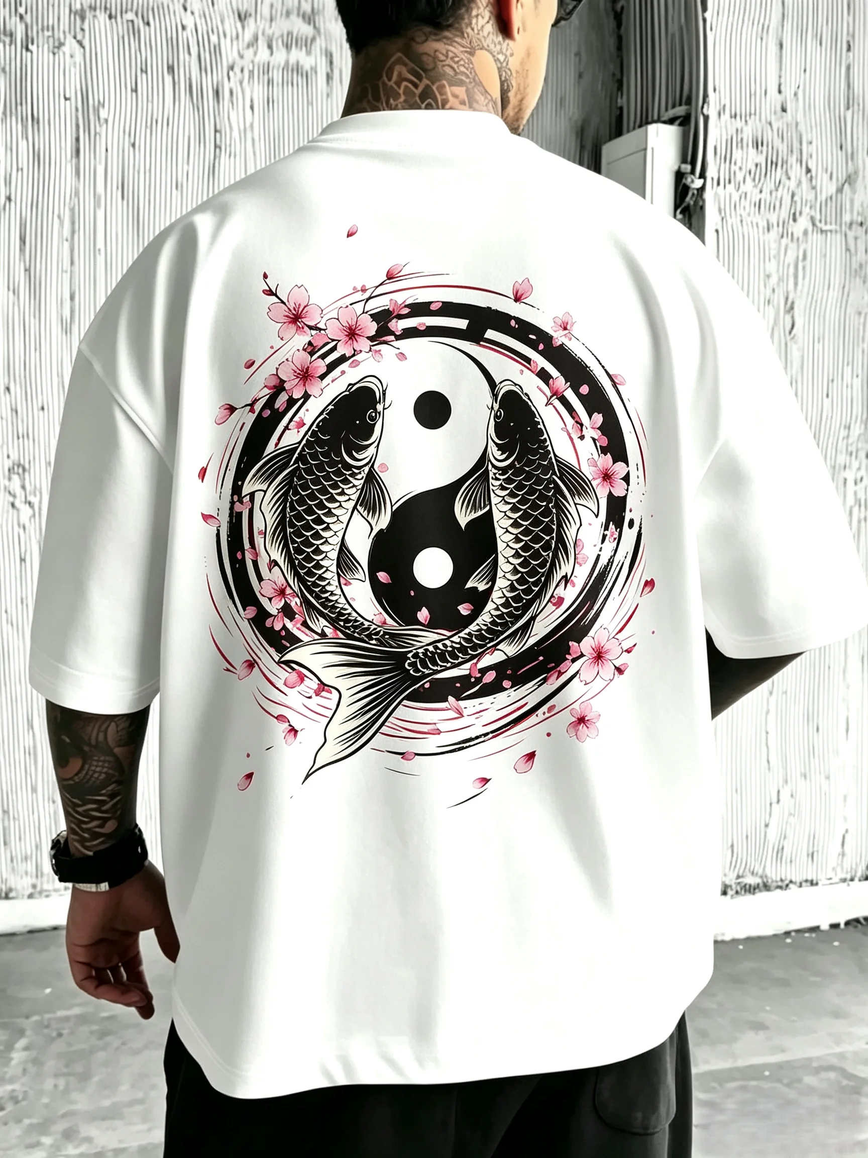 Men Women Unisex Oversized T‑Shirt Yin Yang Tai‑Chi Dual Koi Fish Sakura Cherry Blossom Splash Ink Circle Back Print Hip Hop Streetwear Short Sleeve Tee