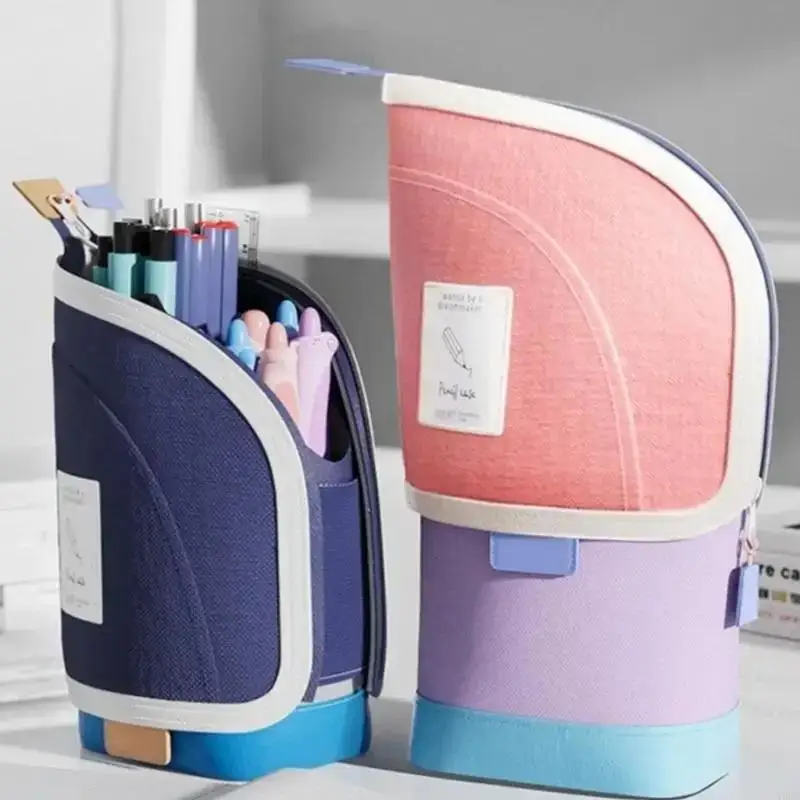 Pencil Case Portable Stand Up Pen Holder 2 in 1 Vertical Pencil Bag for School Student Desk Supplies