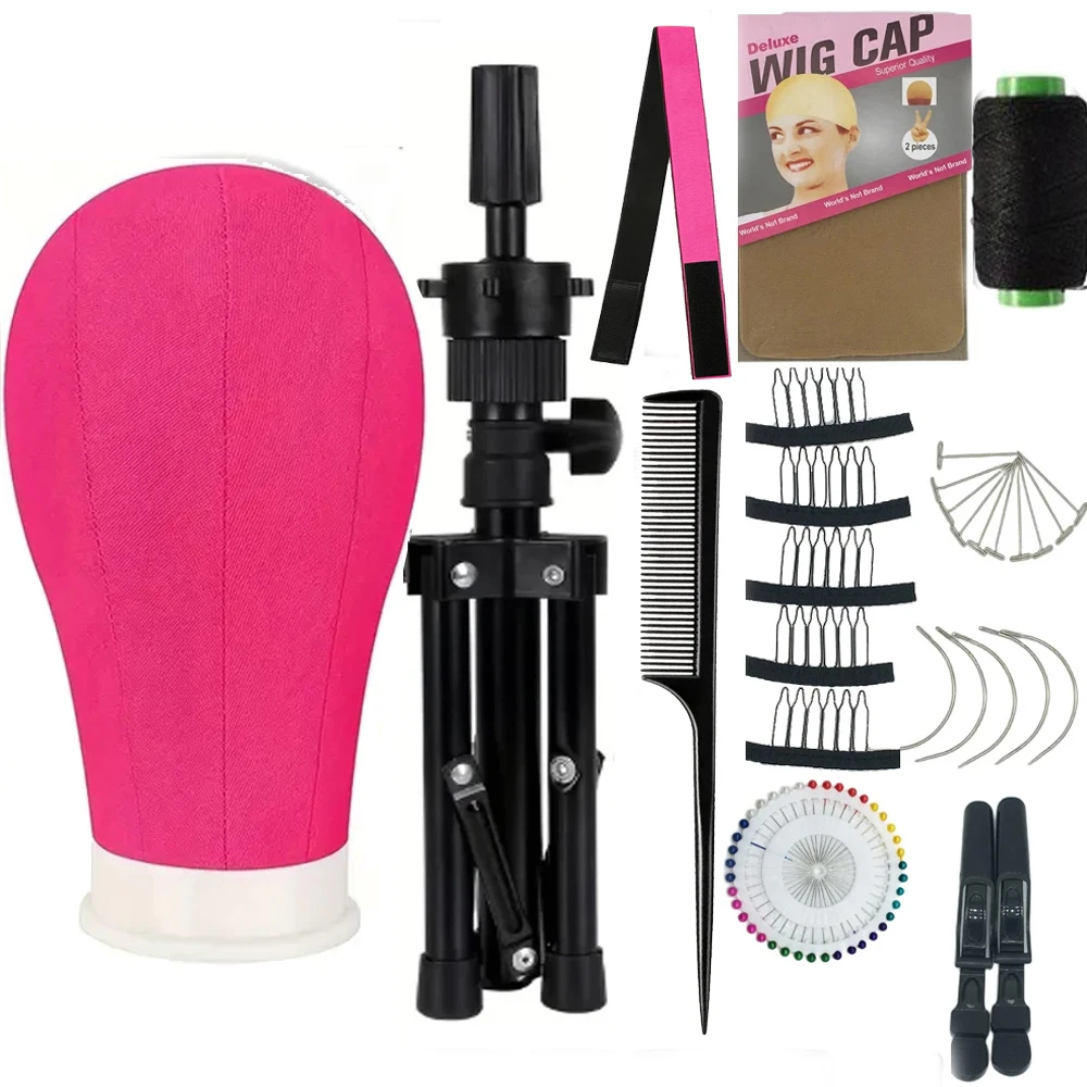 

22In New Canvas Block Head Set with Mount Hole Stand, Styling Hair Clips, T Needle, C Needles, Thread, Lace Wig Caps (22 Inch)