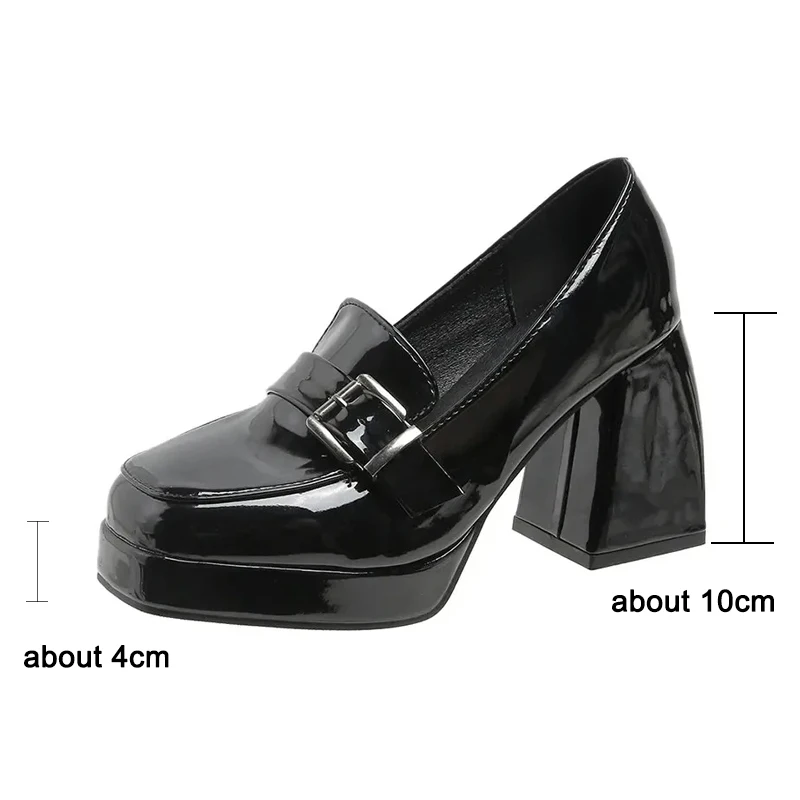 heels lolita shoes Chunky Platform shoes Loafers Heel Patent Leather Slip On Casual Shoes Women Lady Office Shoes black Heels