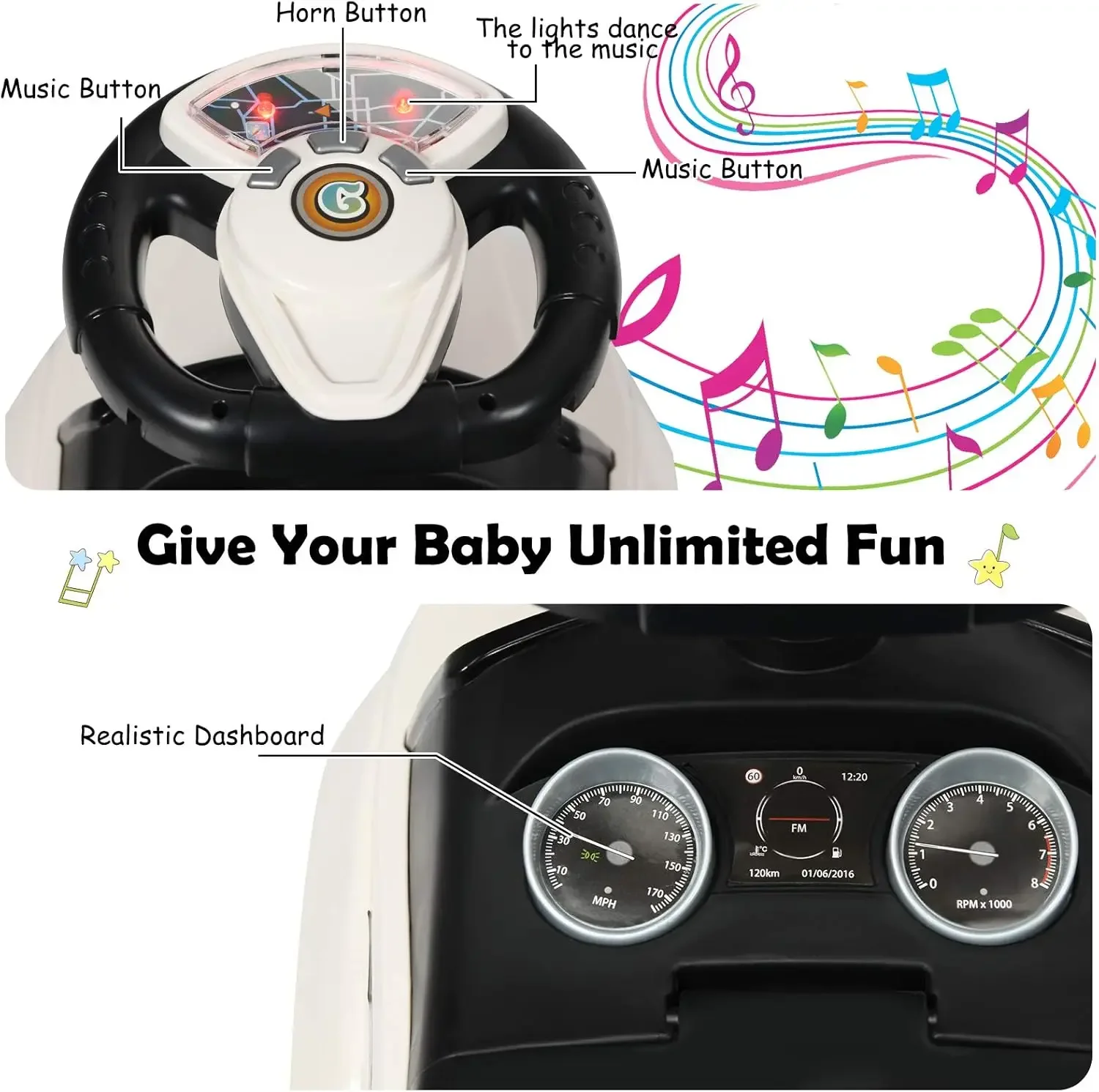 3 in 1 Ride on Push Car, Stroller Sliding Walking Car with Horn, Music, Light, Under Seat Storage, Parental Handle, Armrest Guar