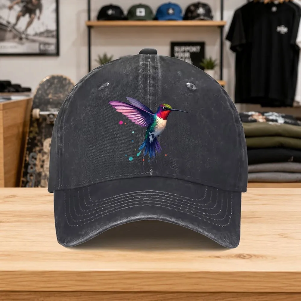 Colored Hummingbird Pattern Washed Baseball Cap Unisex Outdoor Casual Hat for Daily Wear