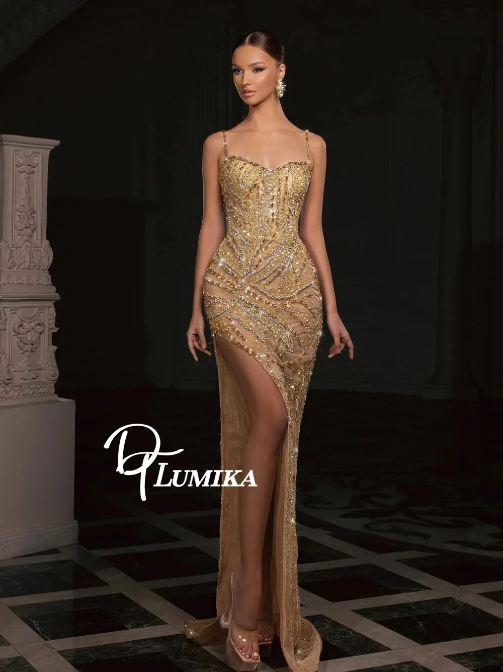 DTLumika Golden Beaded Evening Dress High Slit Spaghetti Straps Sexy Customized Prom Gown Fashionable Shiny Mermaid Gala Wear