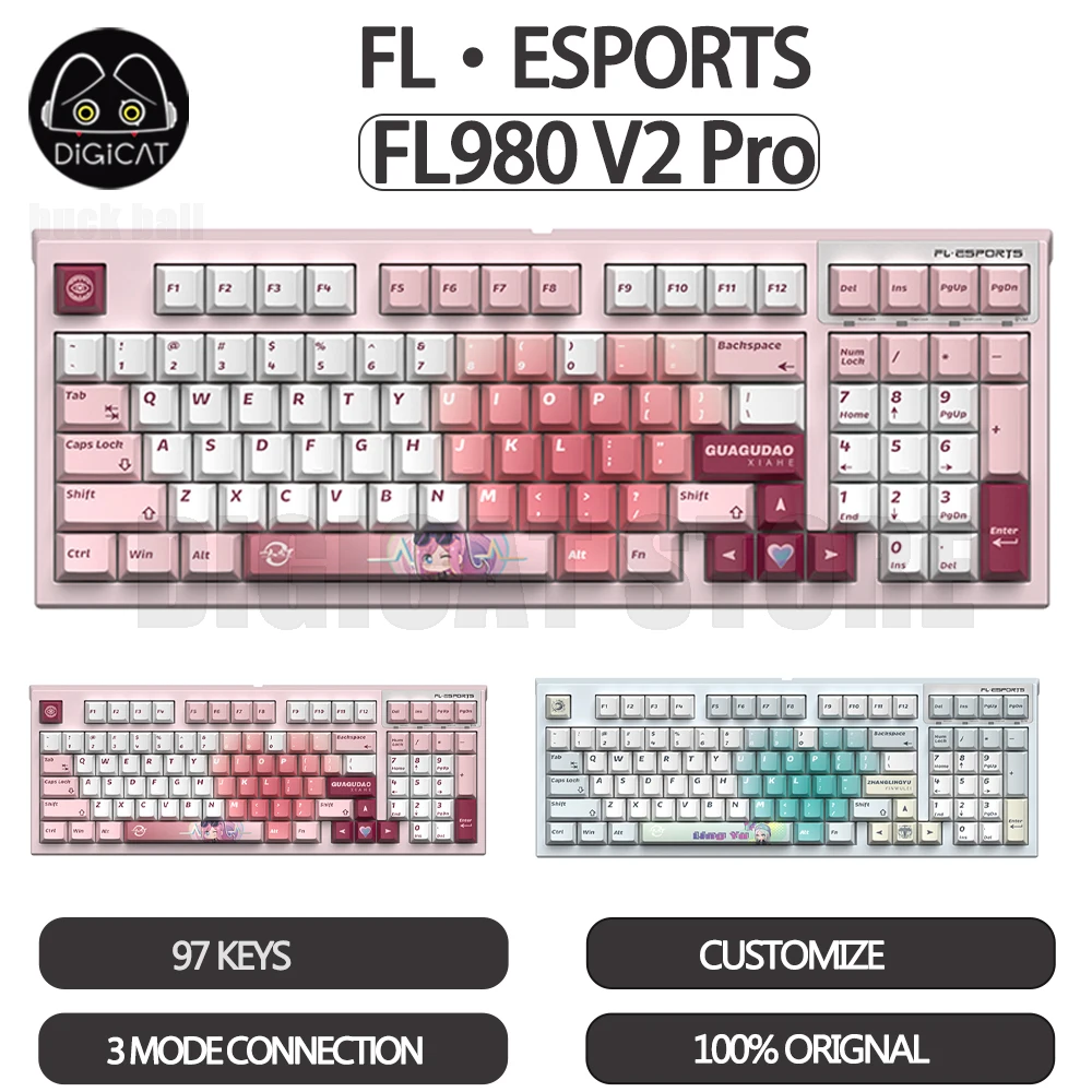 FL·ESPORTS FL980 V2 Pro Mechanical Gamer Keyboard 3Mode USB/2.4G/Bluetooth Wireless Keyboard RGB Customized Anime Keyboard Gifts