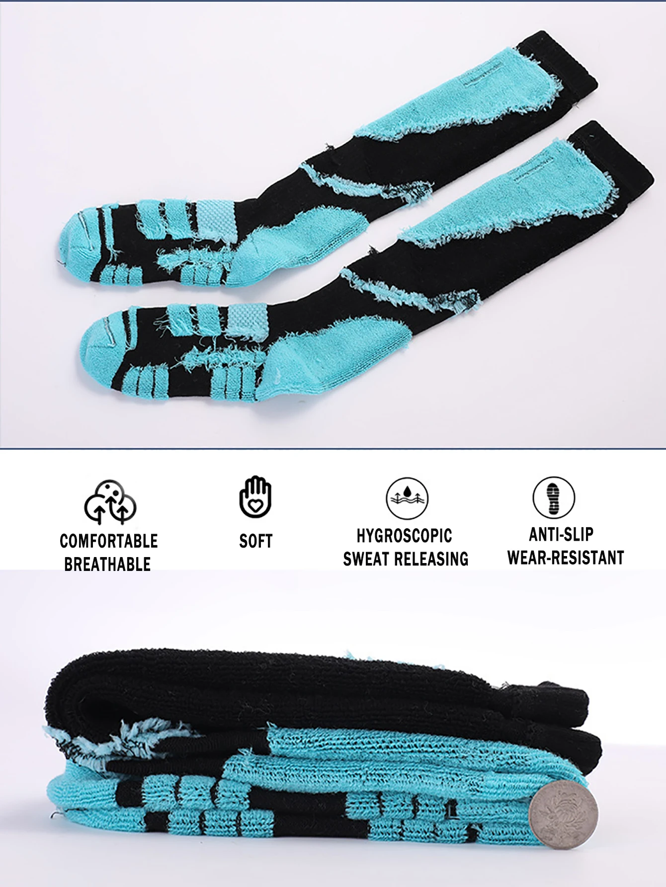 2 Pairs Ski Socks, Cold Weather Socks for Snowboarding, Snow, Winter, Thermal Knee-high Warm Socks, Hunting