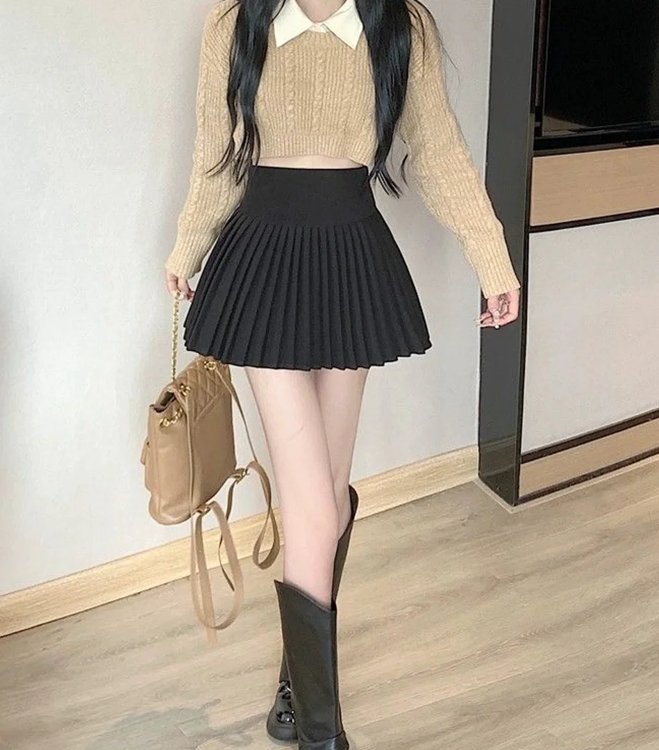 High Waist Slim Pleated Ins Solid Mini Skirt Womens Spring Summer New Fashion A-line Short Skists  Femeale All-Match Skirts