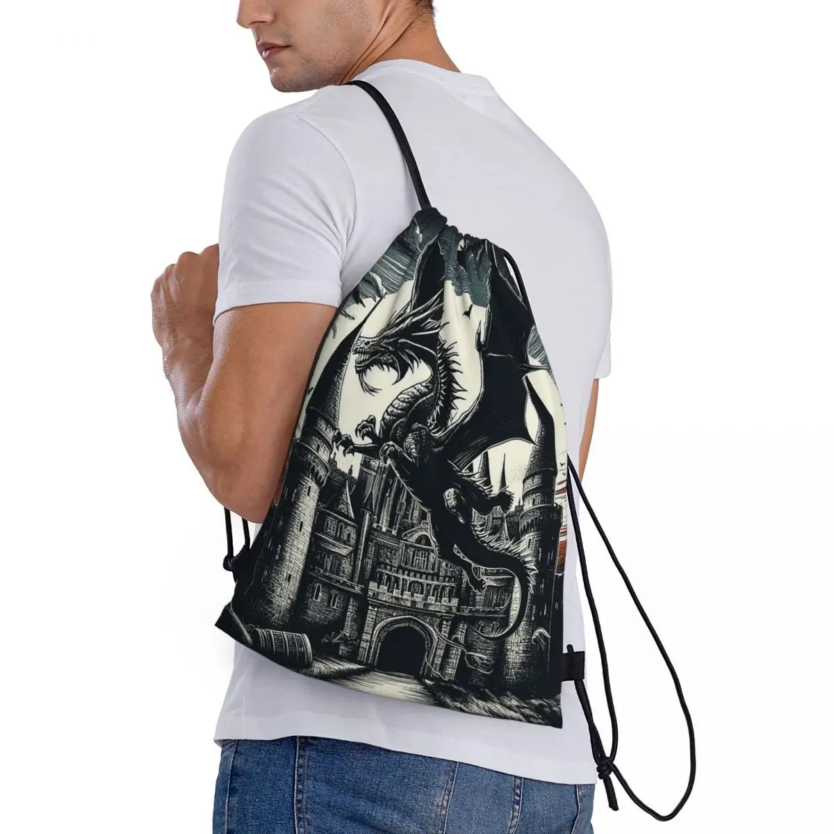 

Fantasy Mythical Dragon And Castle Backpacks Multi-function Drawstring Bags Sports Bag Book Bags for Man Woman Students