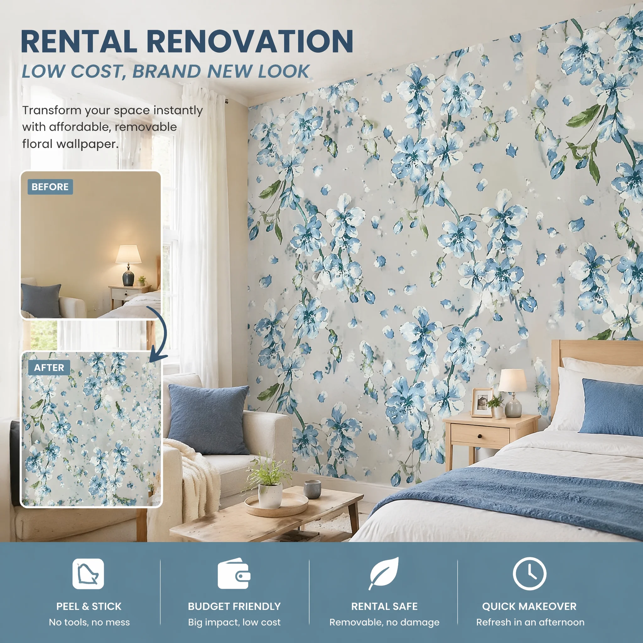 Blue Flower Pattern Waterproof Self-Adhesive Vinyl Wallpaper Peel-and-Stick Contact Paper for Home Wall Cabinet Renovation Decor