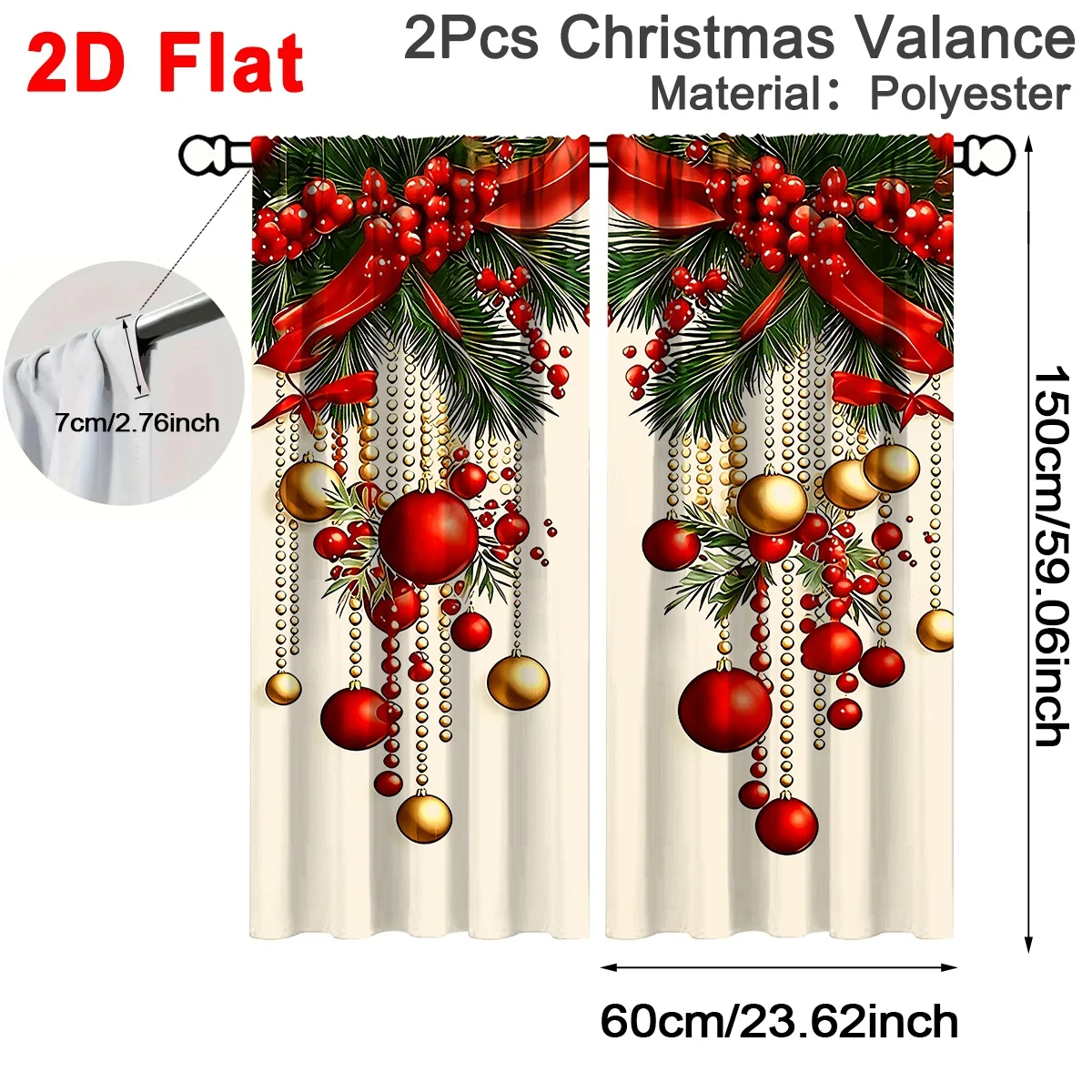 2 Stück Festliche Weihnachtsvorhänge, 60*150cm Polyester-Vorhänge mit Weihnachtskugel- und Bandmustern Fensterdekoration für Zuhause und Feiertage – Detail 2
