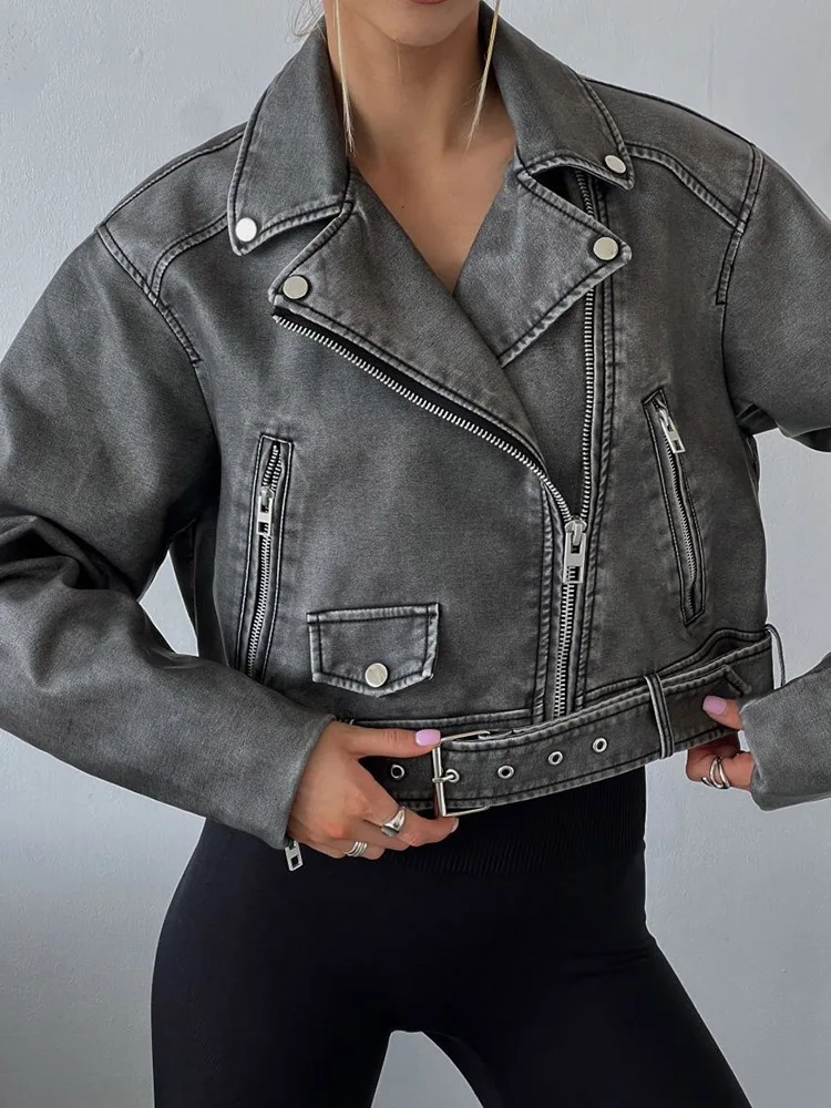 Ailegogo Streetwear Women Retro Loose Zipper Pu Faux Leather Short Jacket Vintage Female Belt Moto Biker Chic Coat Outwear Tops