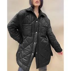 Lugentolo-abrigos y chaquetas de invierno para mujer, chaqueta acolchada con solapa, longitud media, a cuadros de diamantes, con botonadura única