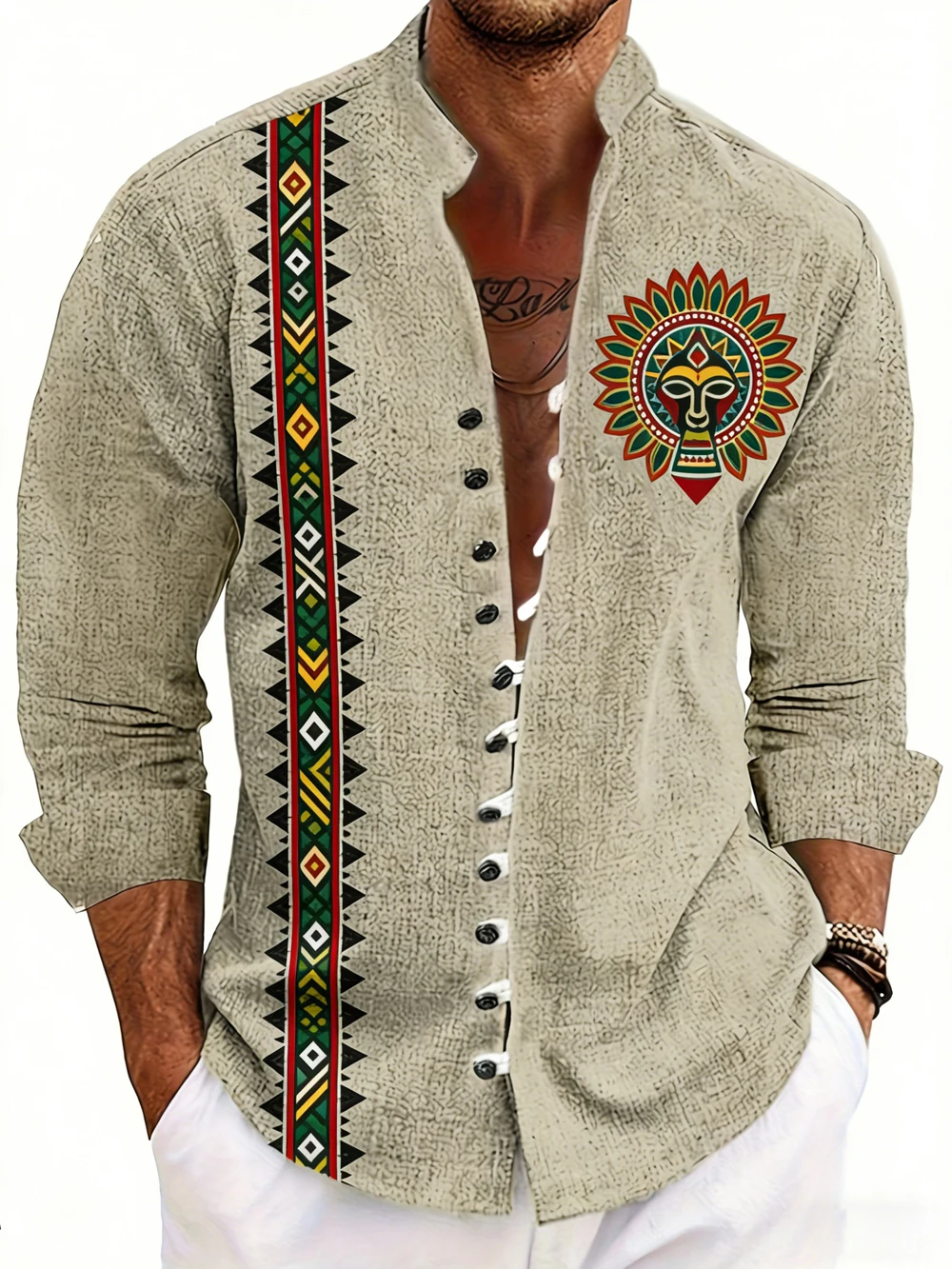 2026 Men's Multi-Button Design Linen Long-Sleeved Shirt Brazilian Samba HD Printed Shirt Hawaiian Casual Social Clothes for Men