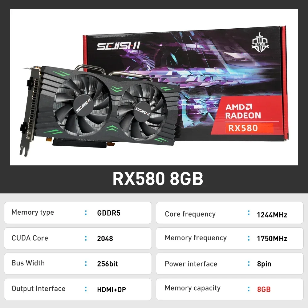 SEJISHI Graphic Card RX580 8 GB 2048SP GPU GO Desktop Computer Gaming PC Placa De Video 8GO 2048 SP AMD Radeon New RX 580 De 8GB