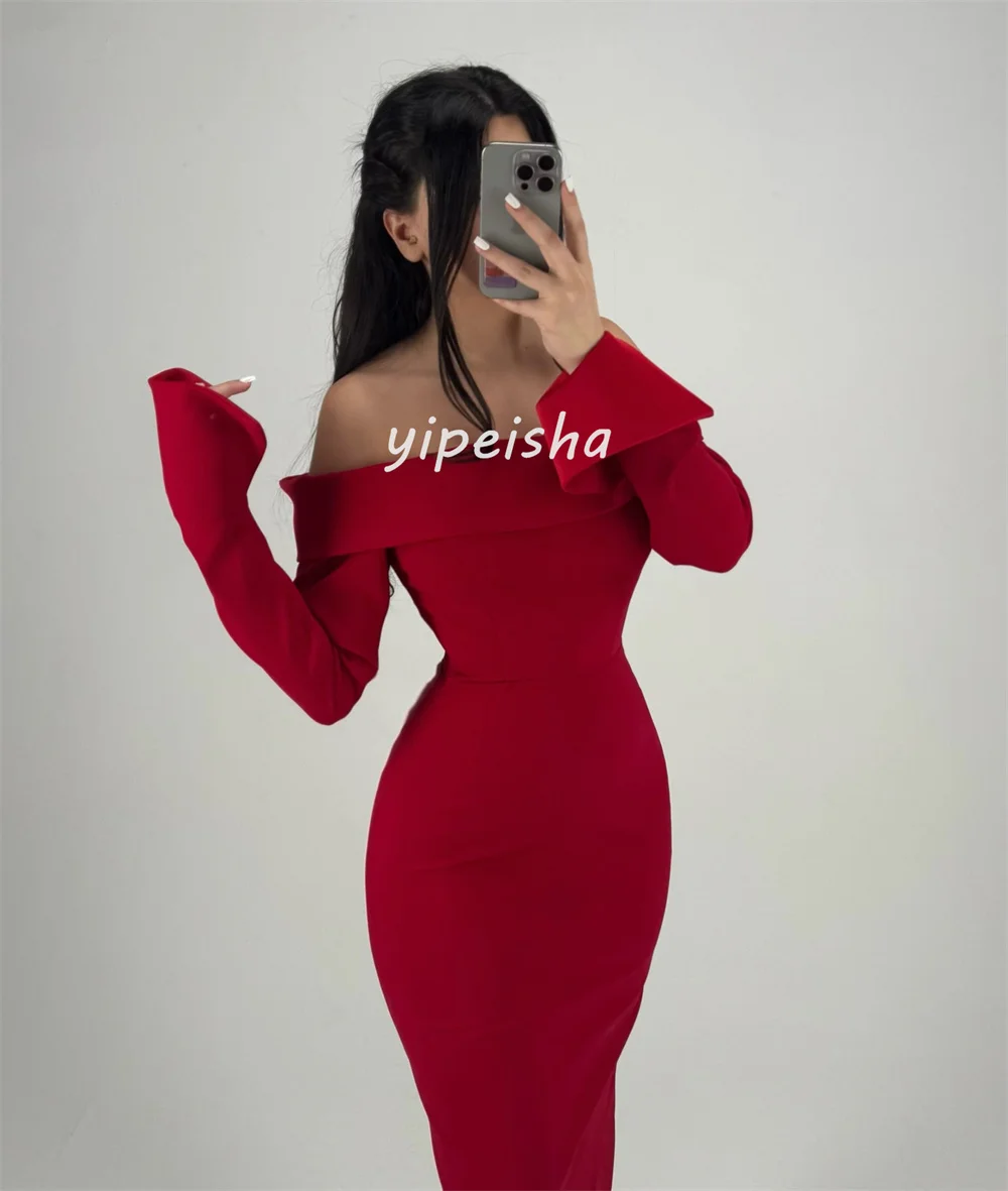 Vestidos largos personalizados de alta calidad, Jersey clásico, columna fruncida, hombros descubiertos, vestidos para ocasiones a medida, elegantes a juego