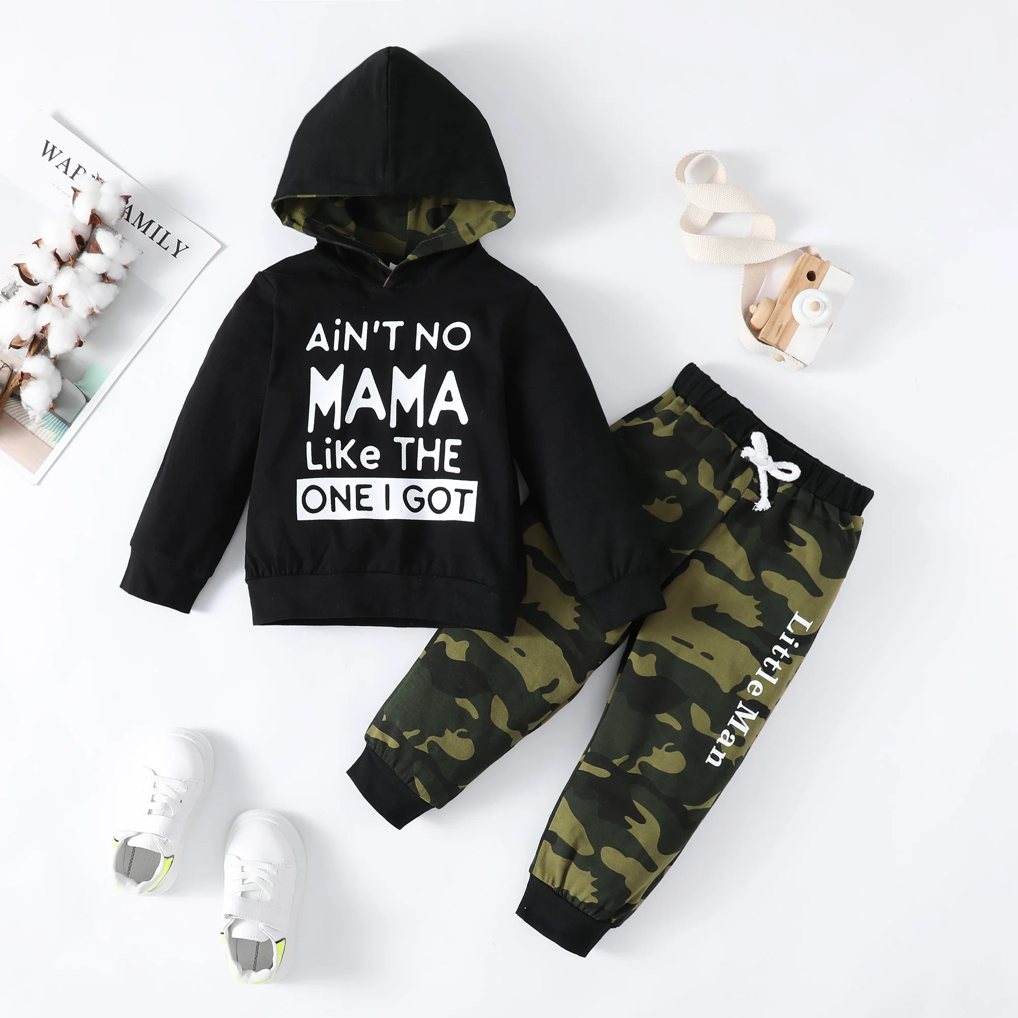 1-6Years Kids Toddler Boy Clothes Set Black Long Sleeved Hoodie+Camouflage Pants Children Baby Fashion Spring Outfit Suit