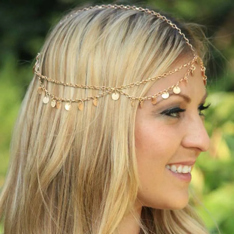 Boho Paillettes dorate Nappa Testa Catena Gioielli Doppio strato Fronte Danza Copricapo Gioielli per capelli Catene a fascia Accessorio per capelli