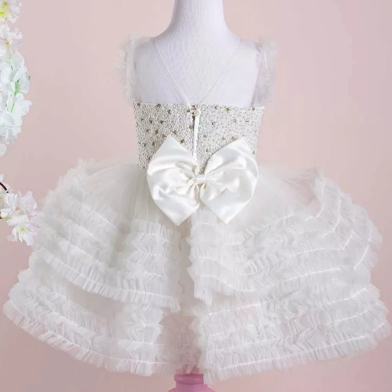 White Flower Girl Dresses Tulle Tiered Pearls With Bow Sleeveless For Wedding Birthday Party Banquet Princess Gowns