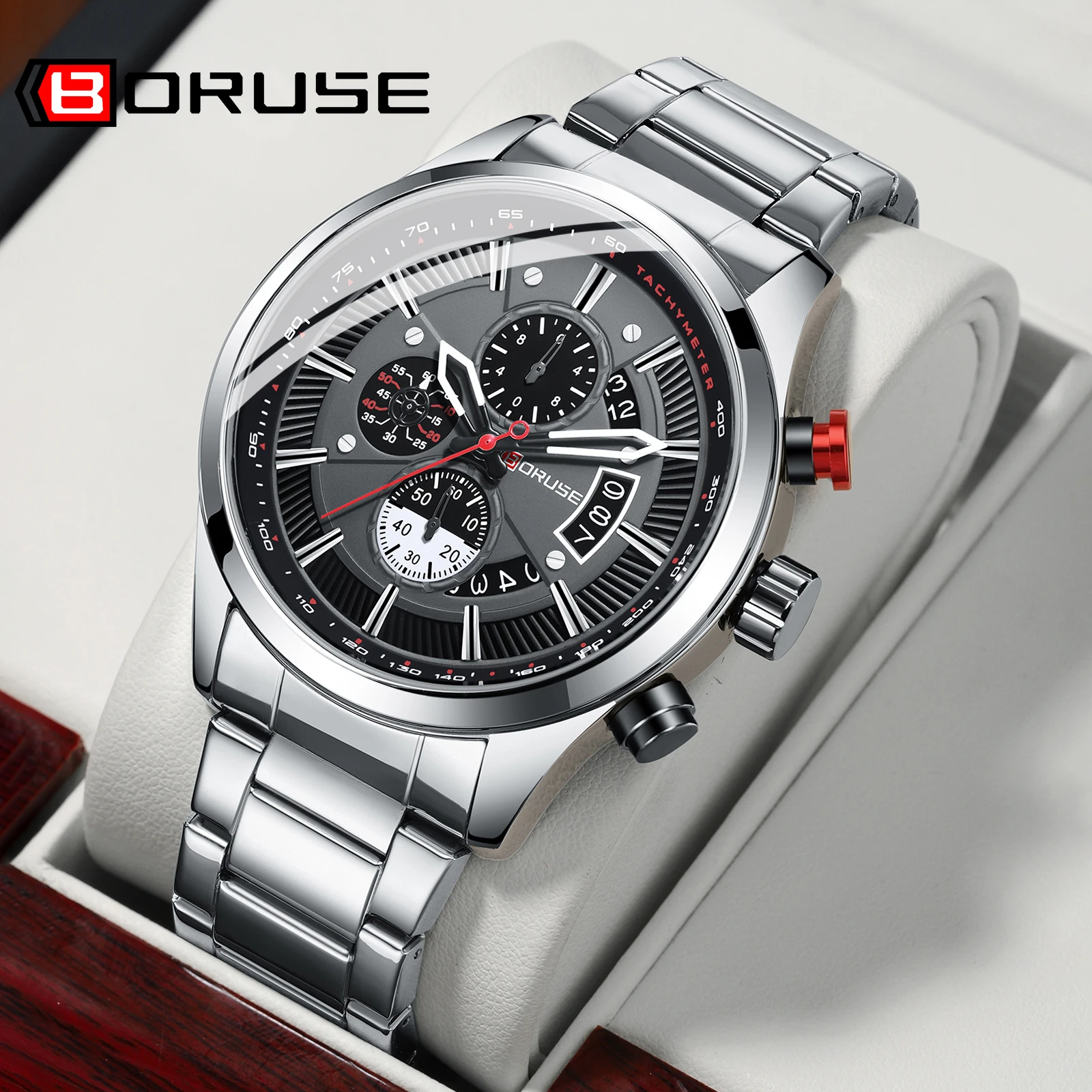 

BORUSE Luxury Mens Silver Stainless Steel Wristwatches Waterproof Quartz Watch for Men Date Clock With Box Relogio Masculino