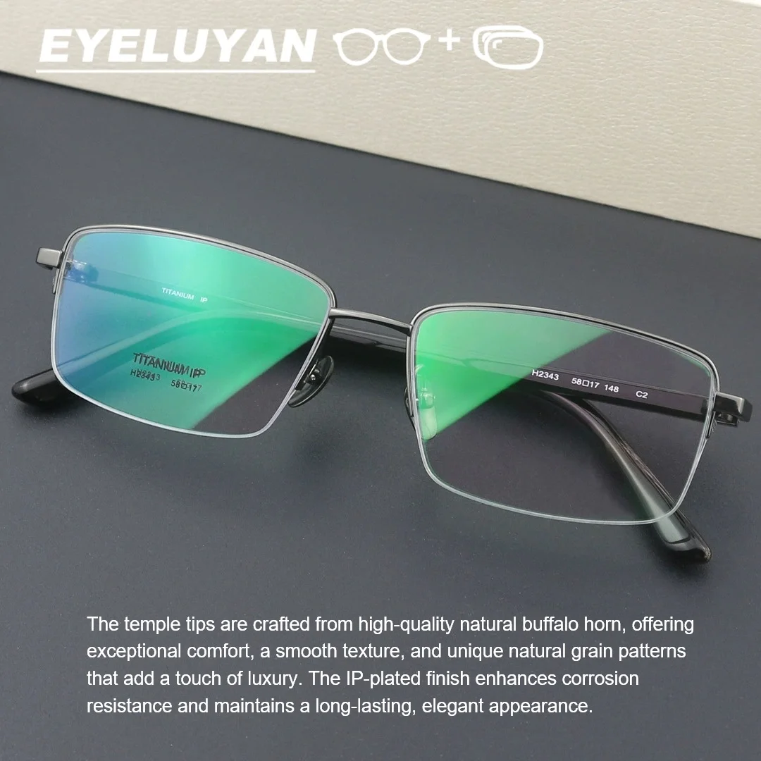 EYELUYAN Luxury Business Prescription Glasses Men Optical Formula Eyeglasses Titanium Sime-Rimless Natural Buffalo Horn Temples