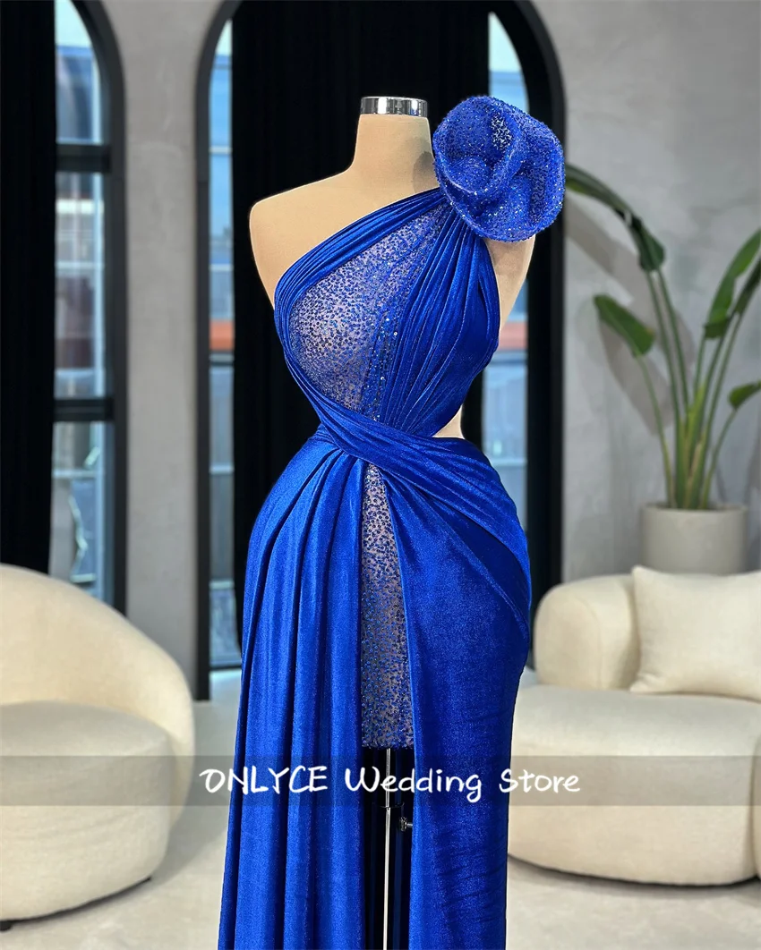 Exquisitos vestidos de noche azul real, vestidos formales de terciopelo con purpurina y cuentas de cristales para fiesta de recepción de boda, vestidos de graduación personalizados