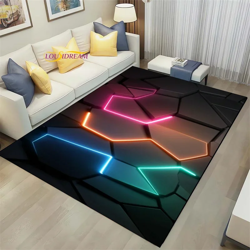 3D Geometric Carpet Neon Lights Rugs Hexagons Carpets for Home Play Gaming Room Decor Livingroom Bedroom Teens E-Sport Rug Mat