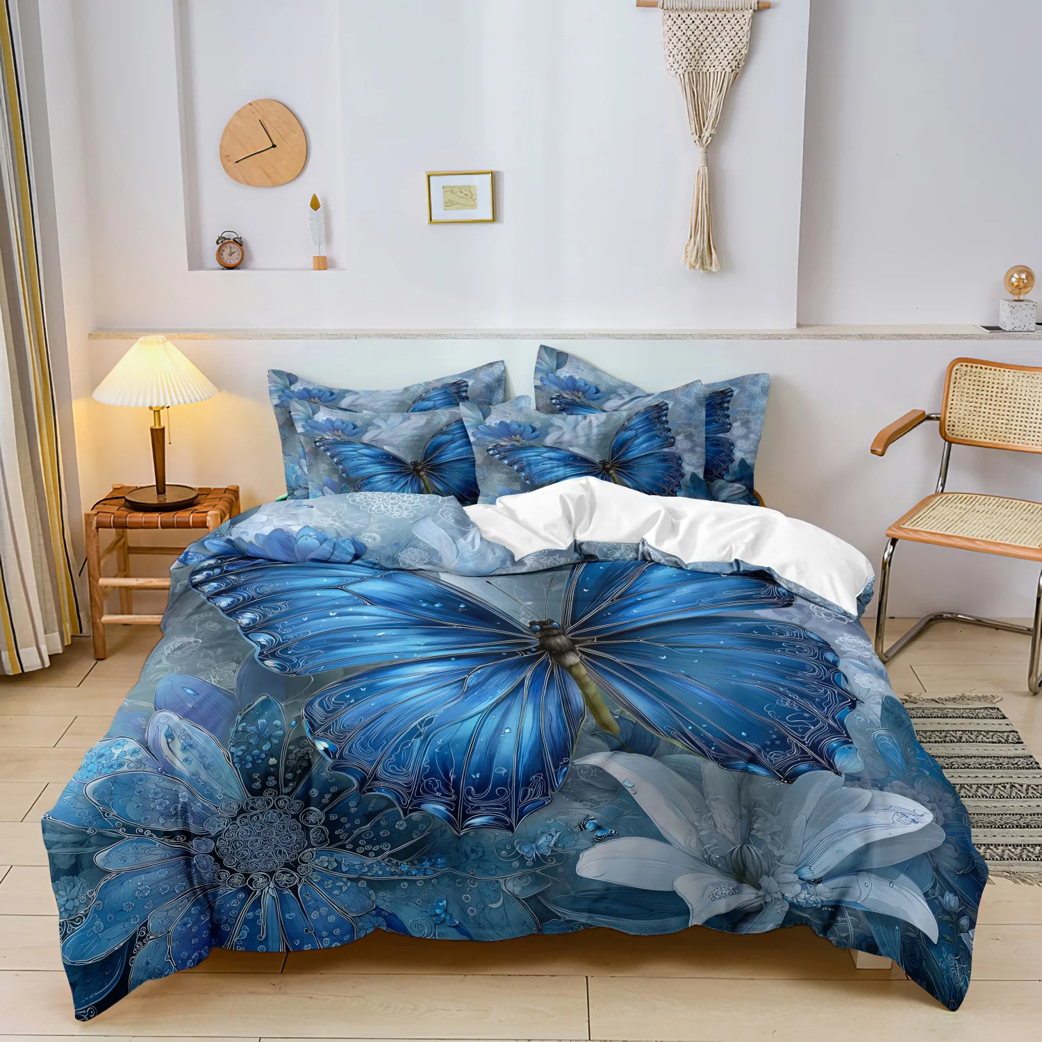 Vintage Blue Floral Butterfly Duvet Cover Set, 3Pcs Gradient Large Butterfly Delicate Flower Art Pattern Bedding