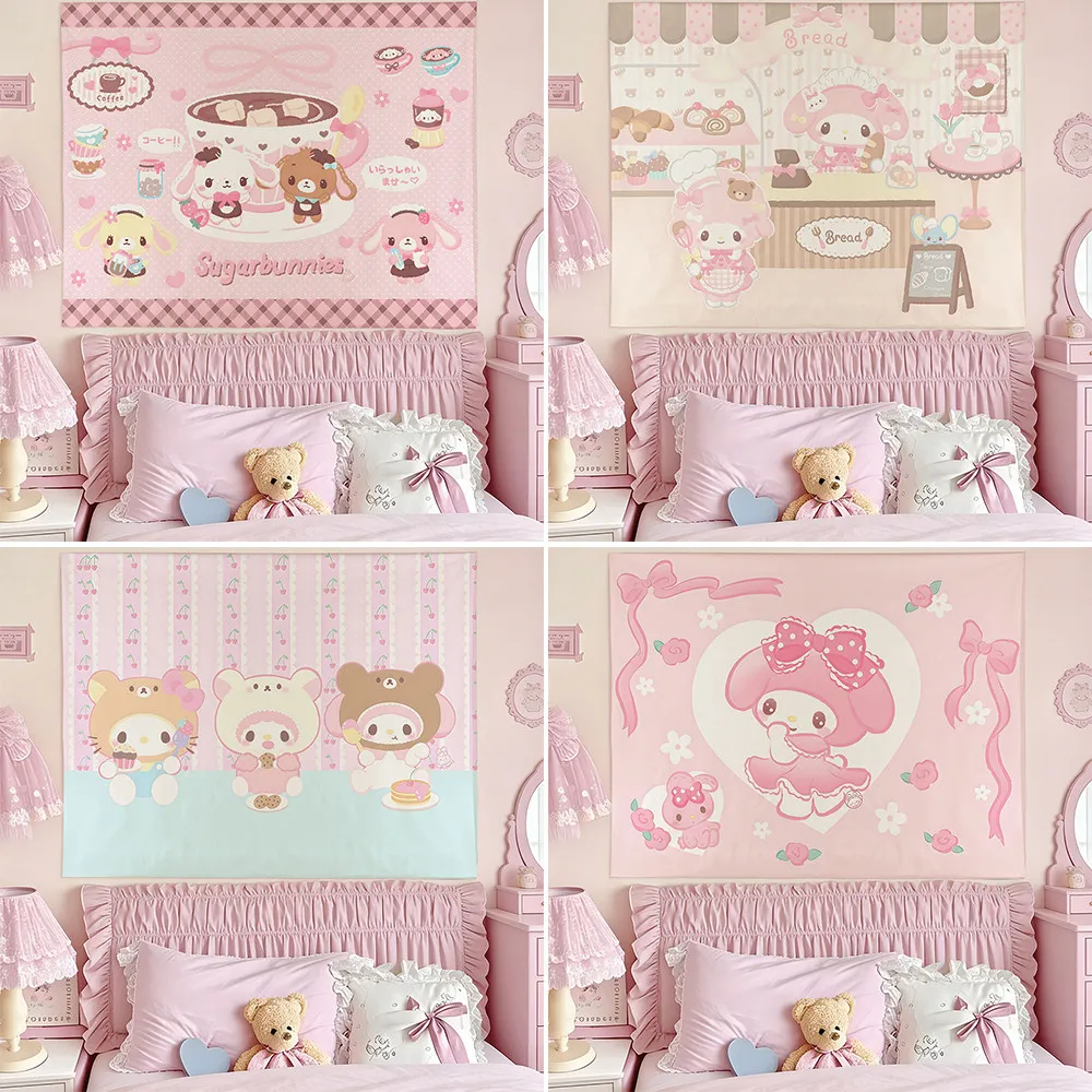 Tapiz Rosa con Estampado de My Melody y Sugarbunnies, Bonito Tapiz de Dibujos Animados para Colgar en la Pared, Tela de Fondo para Decoración de Dormitorio de Niña