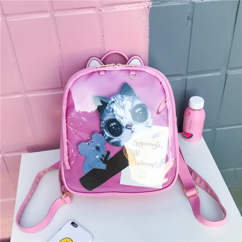 

Cat Ear Leather Backpacks Candy Color Transparent Bag Women Shoulder Bags School Teenage Girls Travel Bagpack Itabag