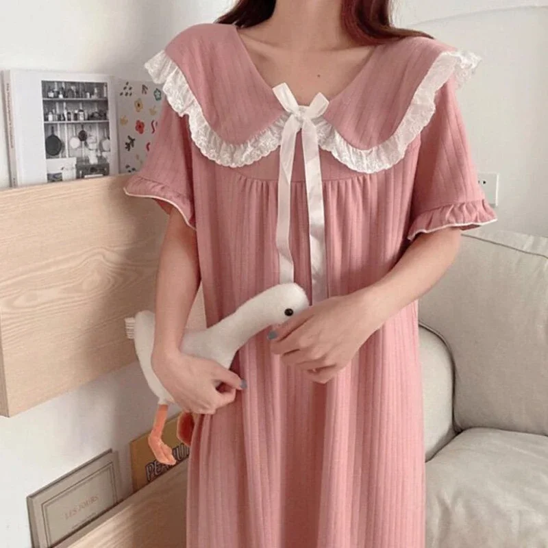 Nightgowns Women Princess Peter Pan Collar Japan Style Kawaii Patchwork Summer Loungewear Gentle Fashion Lace Cozy Leisure Home