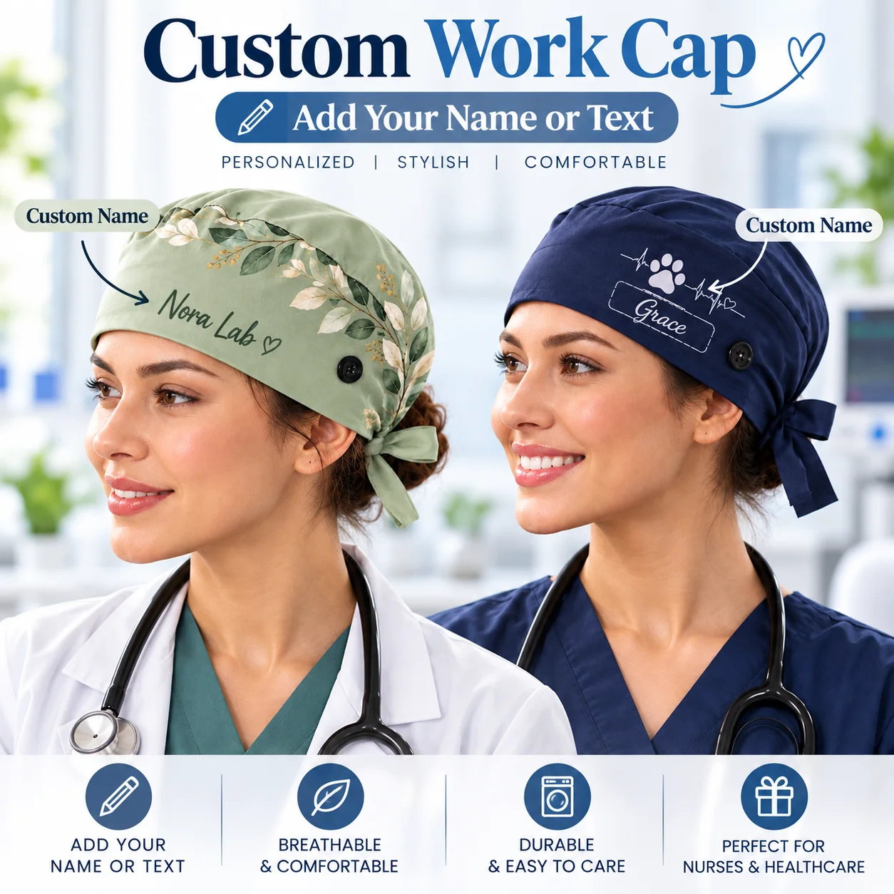 Custom Text Cap Peach Skin Fabric Breathable Work Cap Adjustable Elastic Sweat‑Absorbing Chef Hat Personalized Work Head Cover