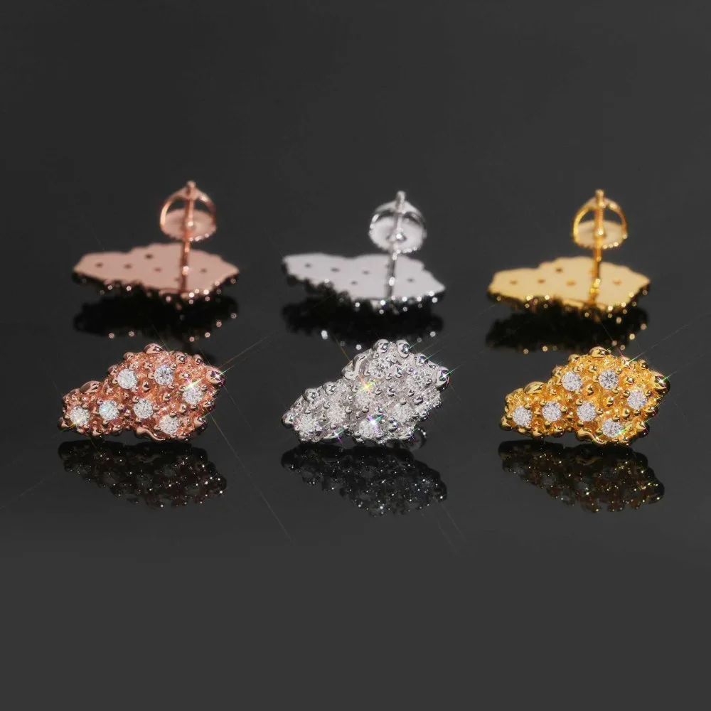 925 Silver VVS1 Moissanite Nugget Stud Earrings Screw Back Hiphop Rock Statement Ear Jewelrys Pass Tester Gift for Women Men