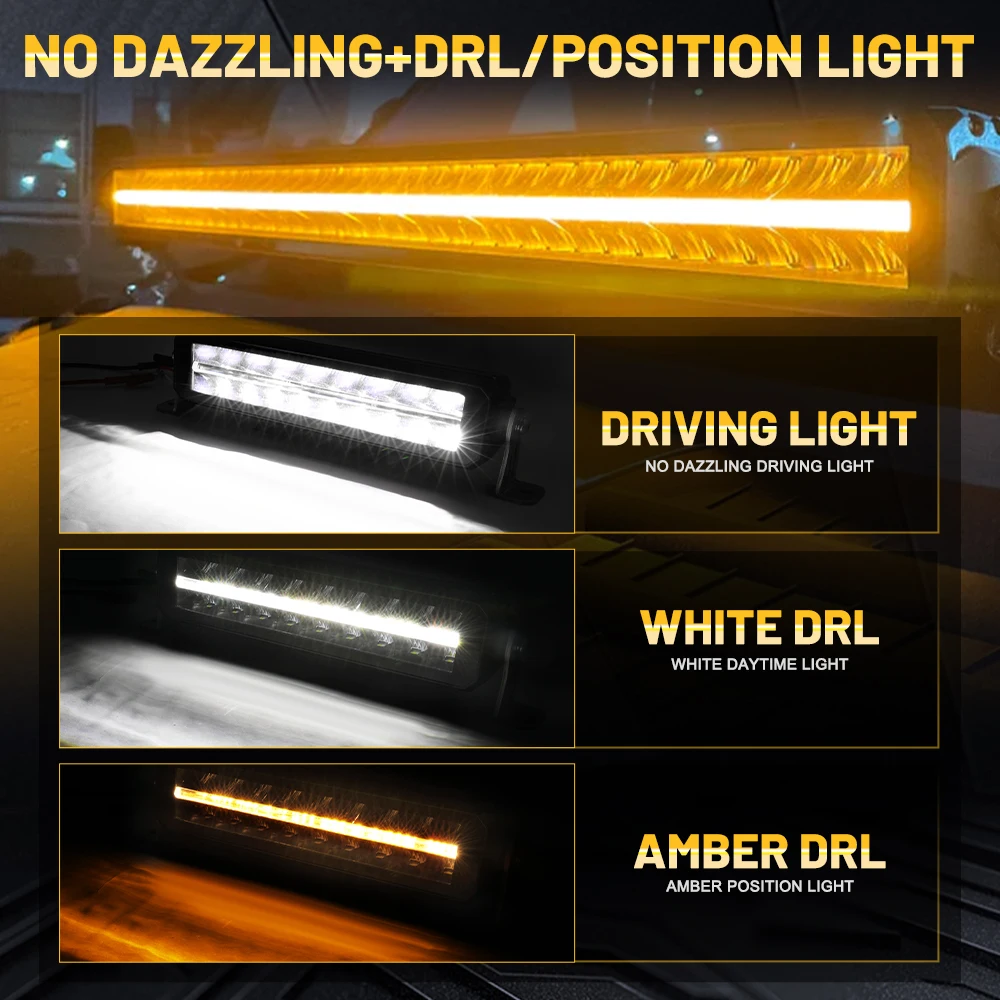 HL 10-52 Inch LED Light Bar 2Rows Anti-Glare LED Light Bar with White&Amber DRL Spot Flood Driving Beams for ATV off-road use