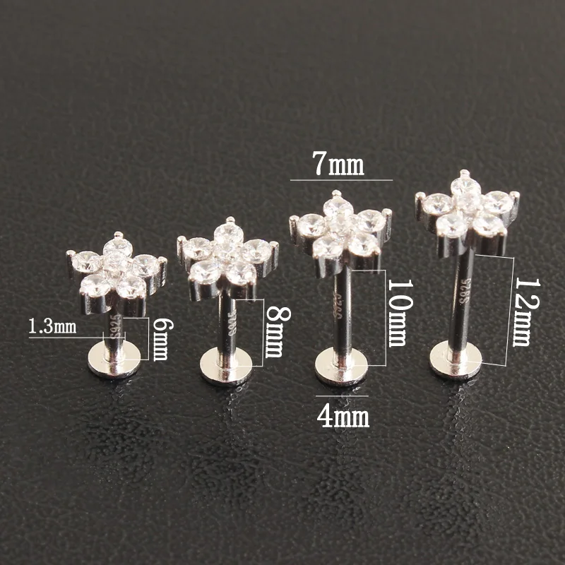 Labret Overall 925 sterling silver Lip Stud internal thread rod Flower Body piercing Clear Cubic zirconia Stones Fine jewelry