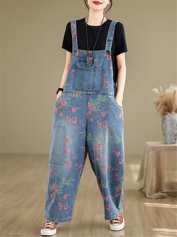 Oversized Flower Print Jeans Overalls Spring Pant Women Wide Leg Loose Pleated Modis Ladies Trousers Casual Woman Jumpsuits 2024