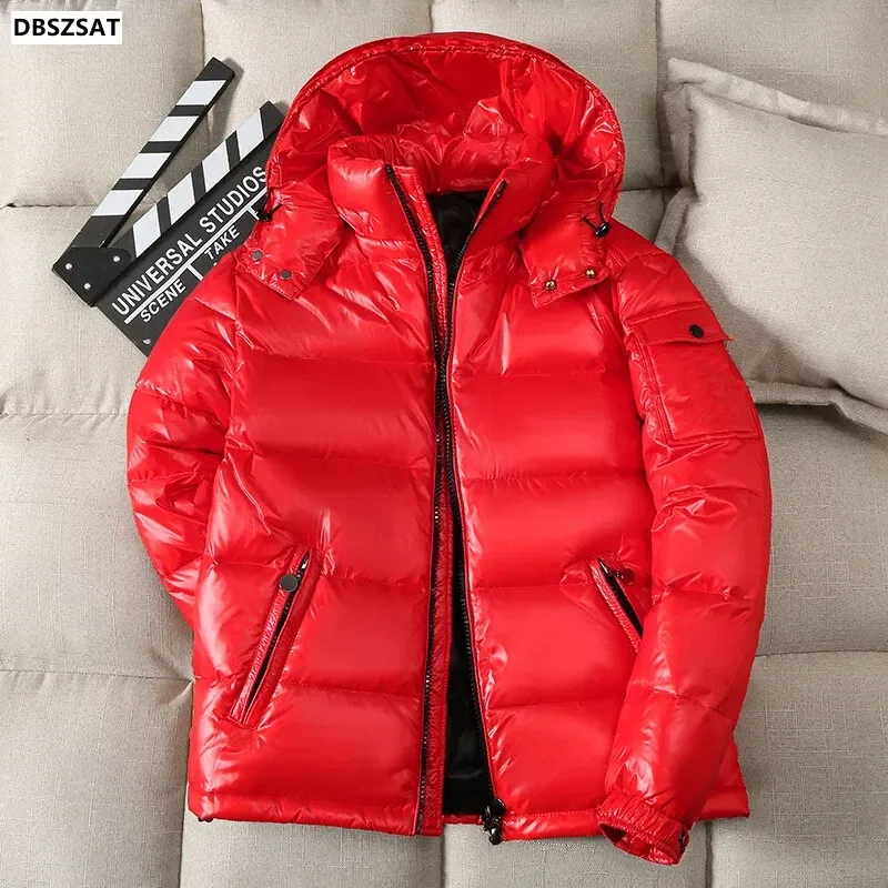 2025  New Winter Bright  Down Jacket  Men Fashion Casual Coat Shiny Hooded Youth Women Thick Warm Glossy Duck Zipper Male White