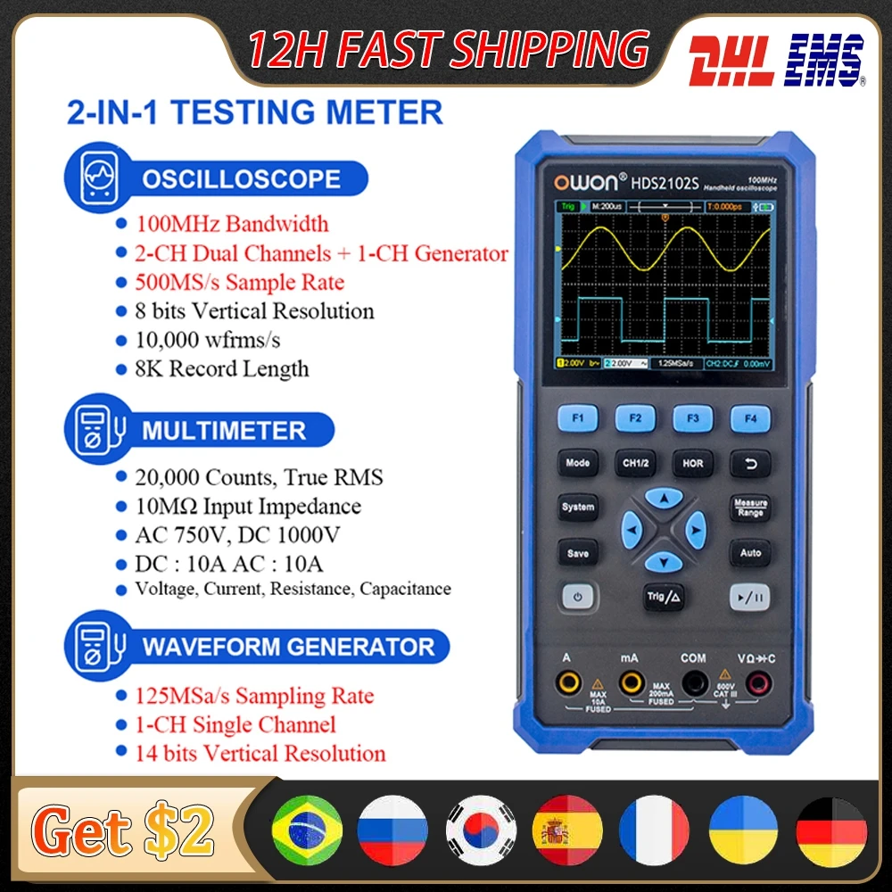 OWON HDS2102S Handheld Digital Oscilloscope 500MSa/s 8Bits 100MHz Bandwidth 2CH + 1CH Generator True-RMS Multimeter Osciloscopio