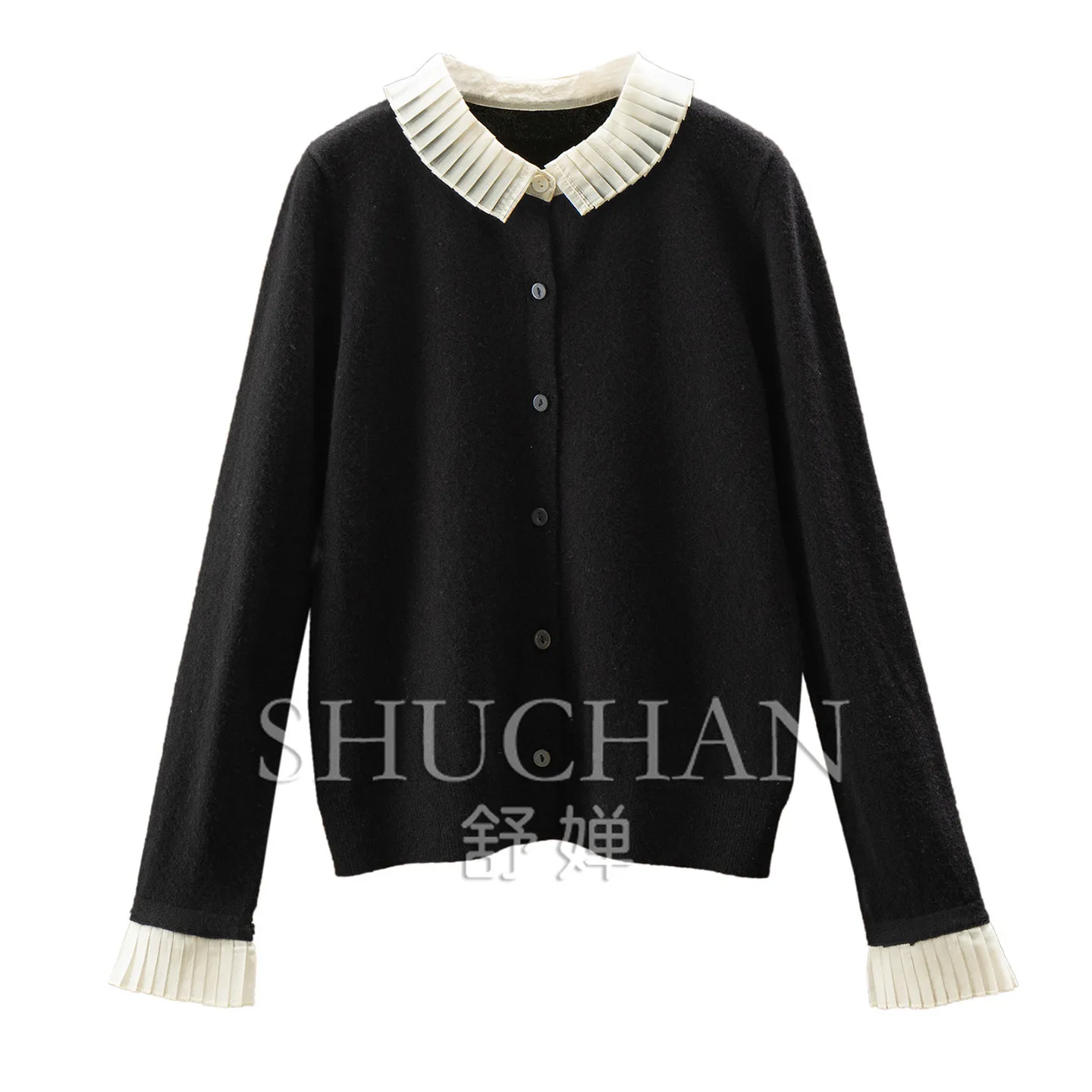 French Exquisite Color Contrast Pinch Pleated Collar 100% Wool Long-sleeved Sweater Cardigan Women's 79W1