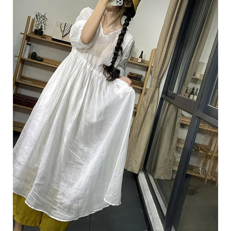 Fashion Solid Color Spliced Loose Shirring Bandage Lace Midi Dress Women's Clothing 2023 Summer New Short Sleeve Casual Dresses