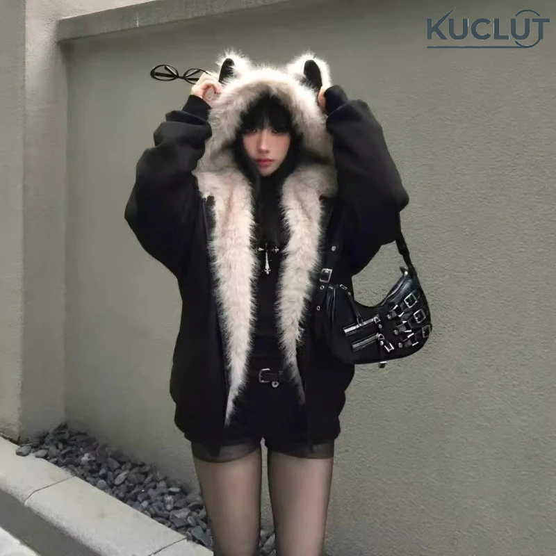 

Y2K Streetwear Hooded Parkas Women Winter Plush Warm Cat Ears BF Zipper Jacket Coat American Vintage Hottie Female Outwear New