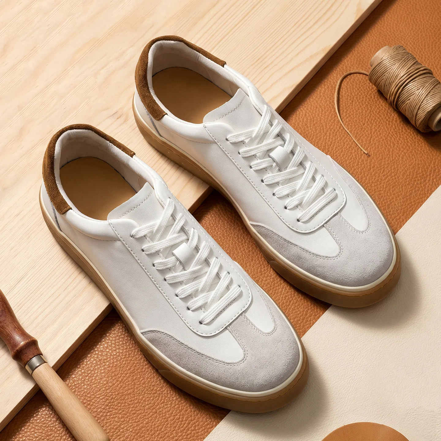 YETTIES Men's Handmade Premium Top Grain Leather Sneakers | German Army Trainers Casual Low-Top Breathable Shoes with Soft Sole