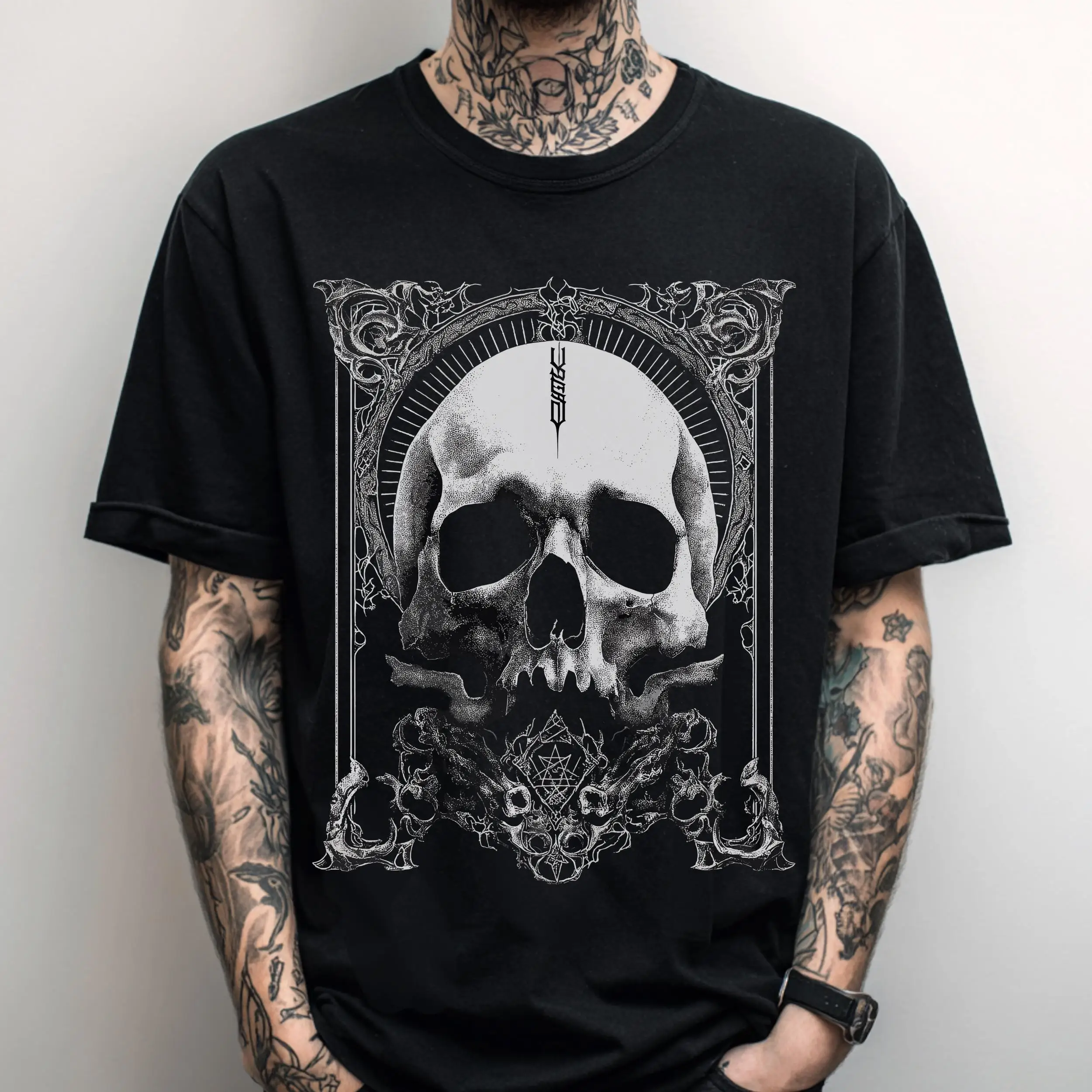 Gothic Skull T-Shirt – Ornate Baroque Frame & Inverted Pentagram Graphic – Dark Occult Art Tee – Edgy Alternative Streetwear Top